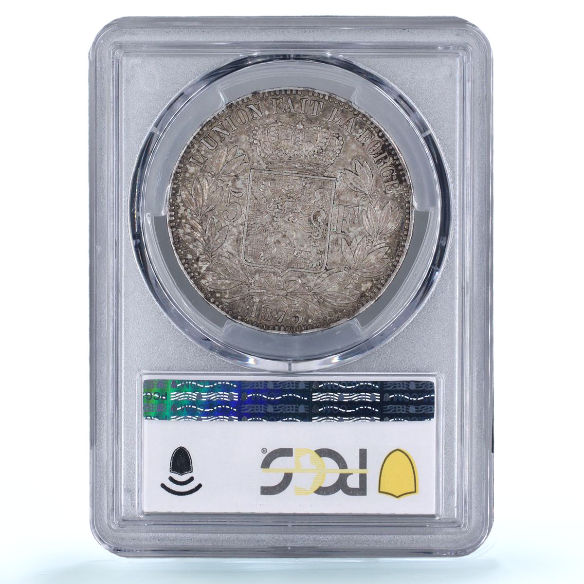 Belgium 5 francs King Leopold II Position A KM-24 AU53 PCGS silver coin 1873