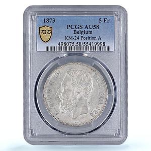 Belgium 5 francs King Leopold II Position A KM-24 AU58 PCGS silver coin 1873