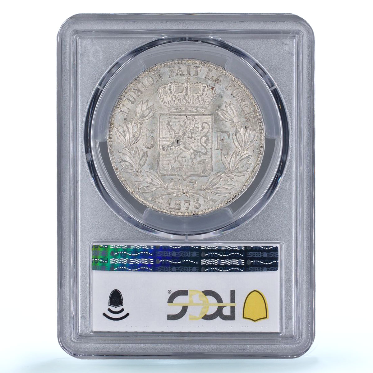 Belgium 5 francs King Leopold II Position A KM-24 AU58 PCGS silver coin 1873