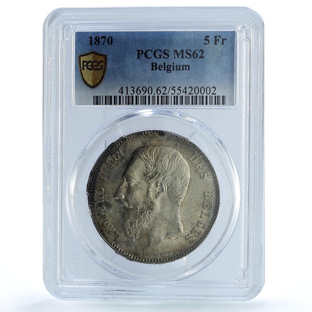 Belgium 5 francs King Leopold II Coinage KM-24 MS62 PCGS silver coin 1870