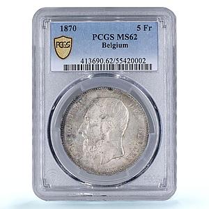 Belgium 5 francs King Leopold II Coinage KM-24 MS62 PCGS silver coin 1870