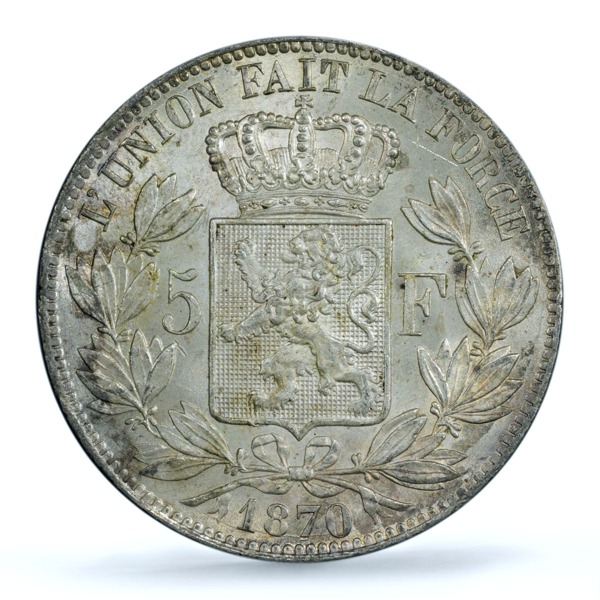 Belgium 5 francs King Leopold II Coinage KM-24 MS62 PCGS silver coin 1870