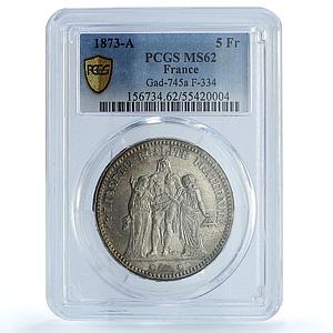 France 5 francs Hercules Gad-745a F-334 KM-820 MS 62 PCGS silver coin 1873