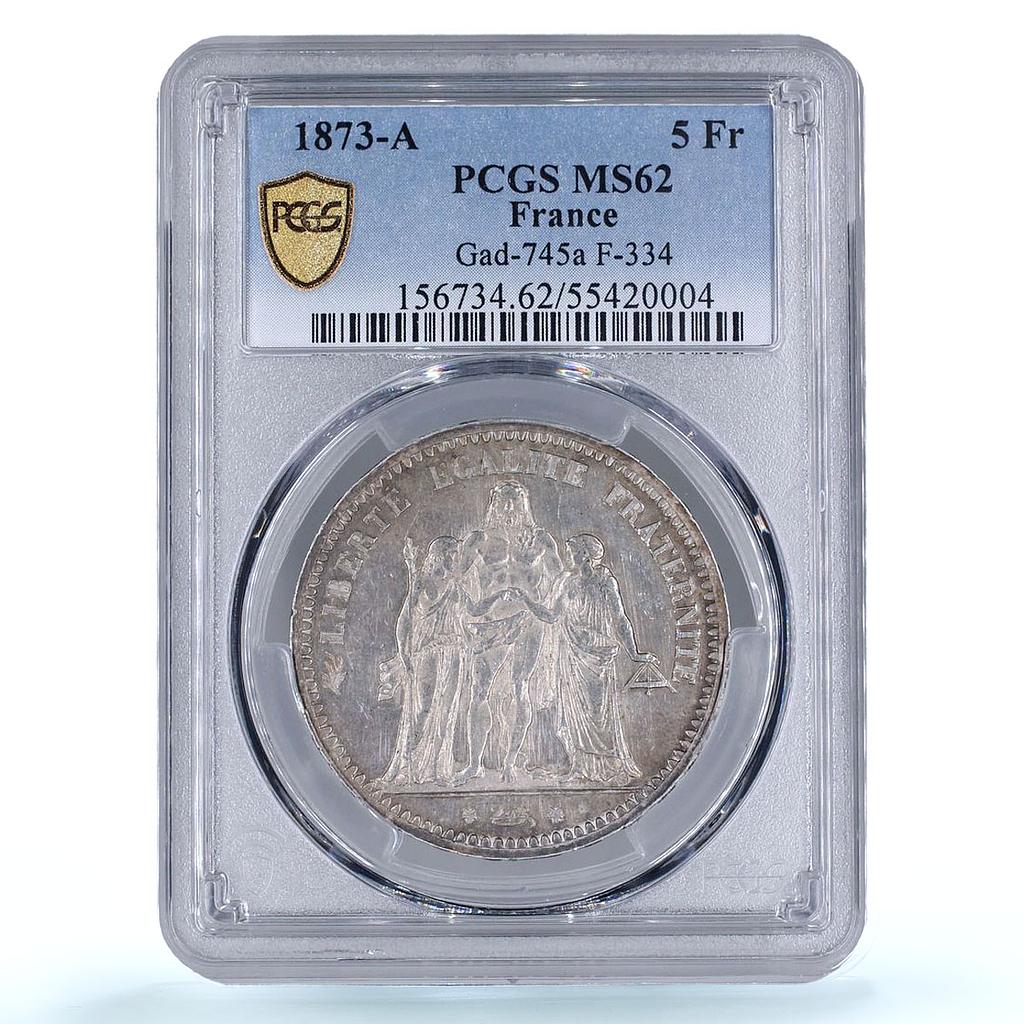 France 5 francs Hercules Liberty Equality Fraternity MS62 PCGS silver coin 1873