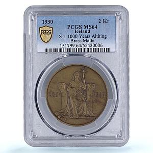 Iceland 2 kronur Althing 1000th Anniversary X#M1 MS64 PCGS bronze coin 1930