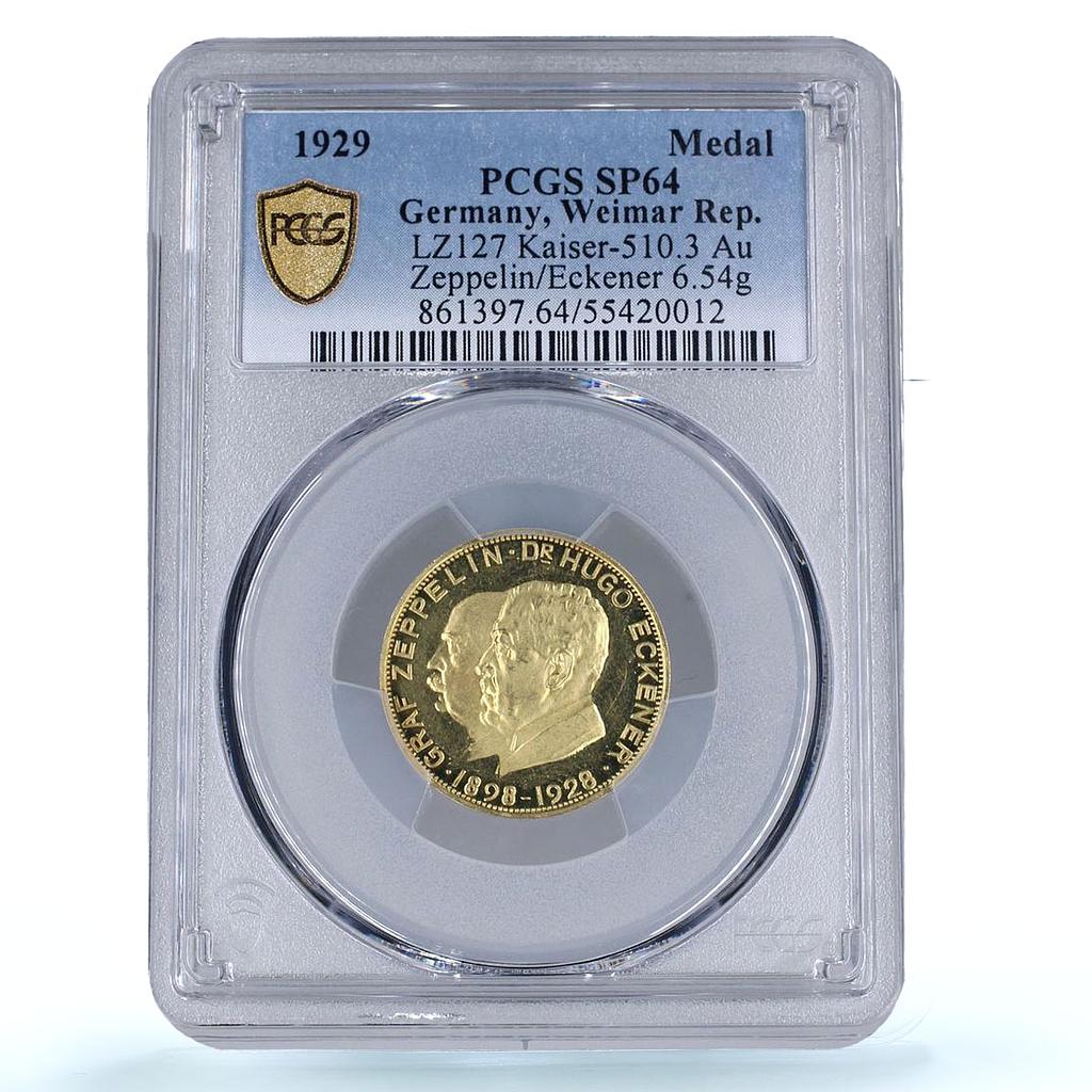 Germany Weimar Zeppelin Eckener Airship Aviation SP64 PCGS gold medal 1929
