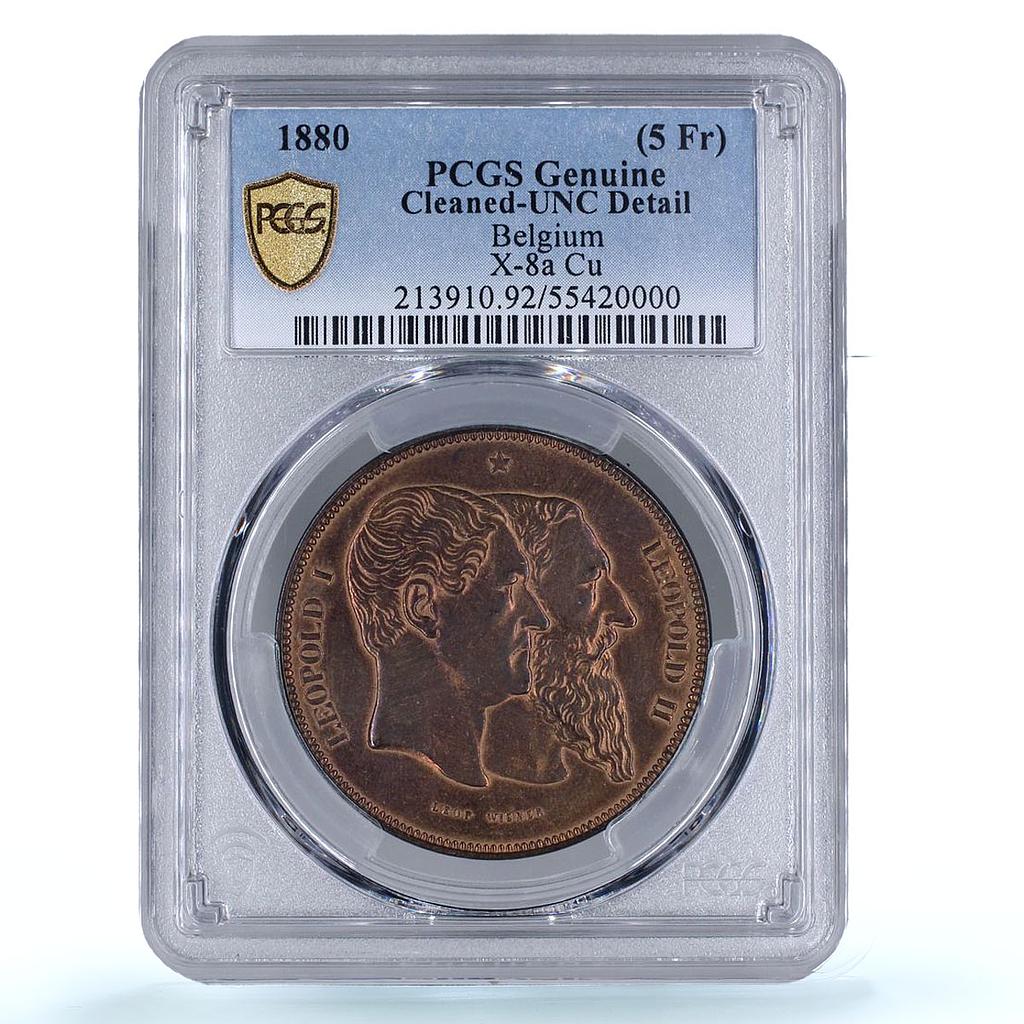 Belgium 5 francs Leopold I II 50 Years History KM-8a UNC PCGS copper coin 1880