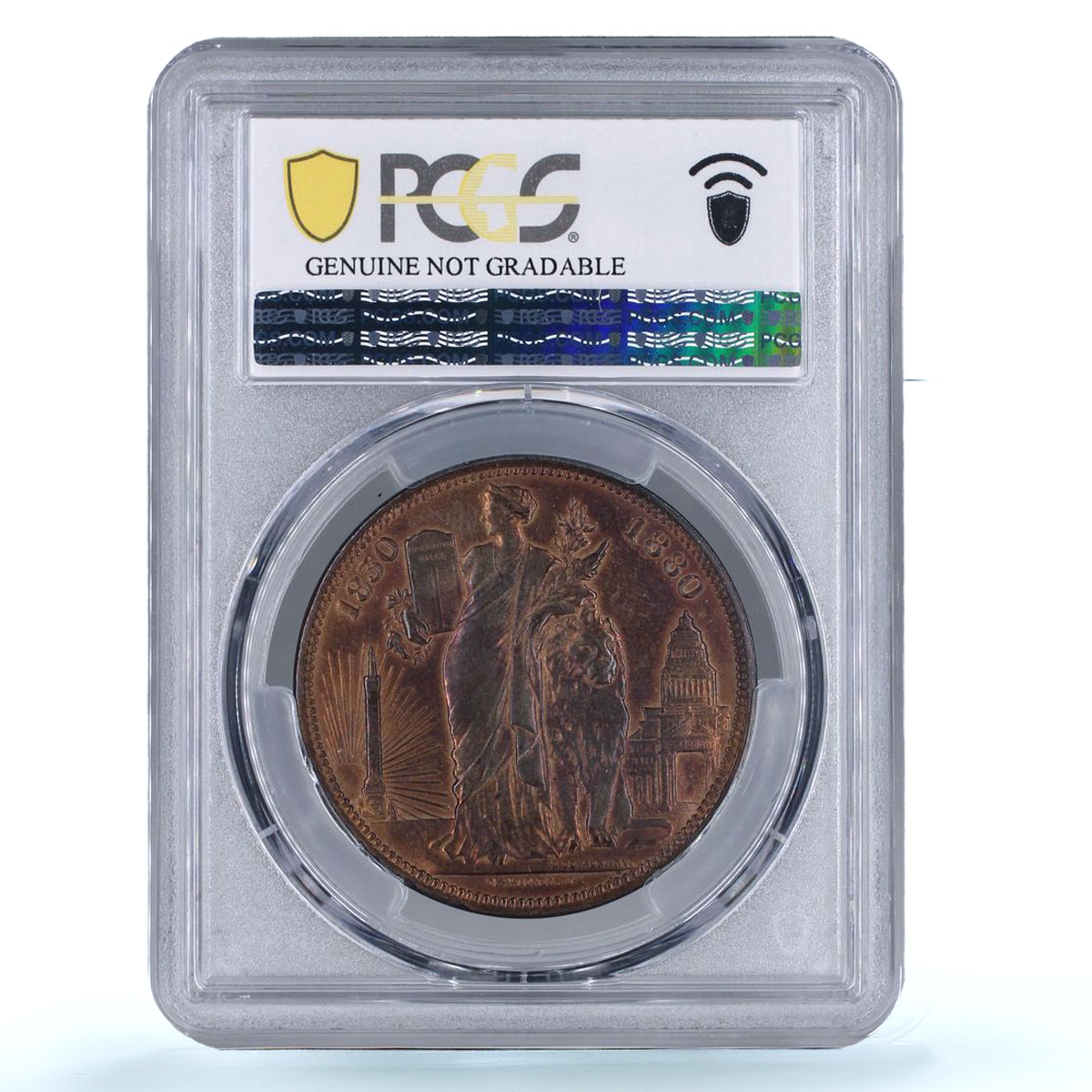 Belgium 5 francs Leopold I II 50 Years History KM-8a MS63 PCGS copper coin 1880