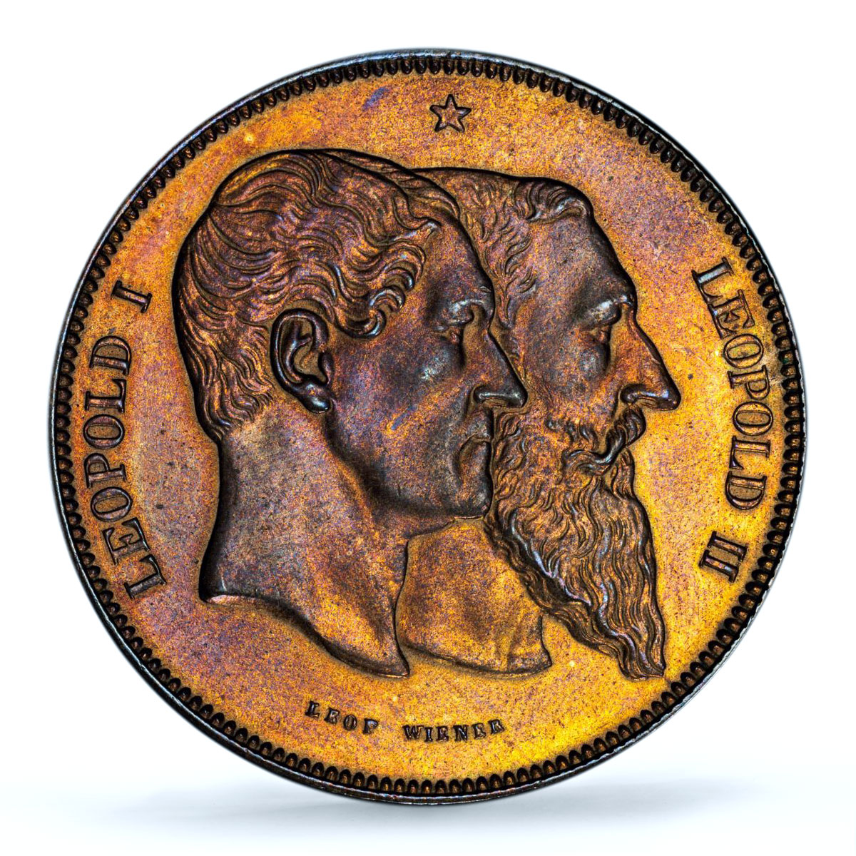 Belgium 5 francs Leopold I II 50 Years History KM-8a MS63 PCGS copper coin 1880