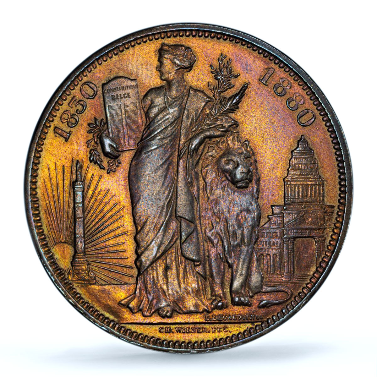 Belgium 5 francs Leopold I II 50 Years History KM-8a MS63 PCGS copper coin 1880