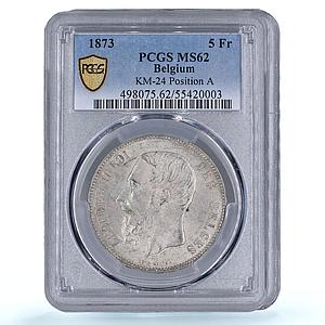 Belgium 5 francs King Leopold II Position A KM-24 MS62 PCGS silver coin 1873