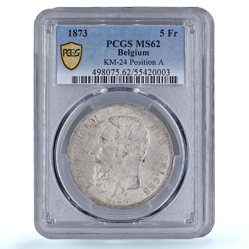 Belgium 5 francs King Leopold II Position A KM-24 MS62 PCGS silver coin 1873