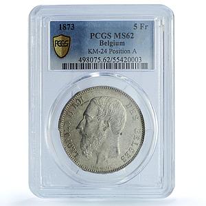 Belgium 5 francs King Leopold II Position A KM-24 MS62 PCGS silver coin 1873