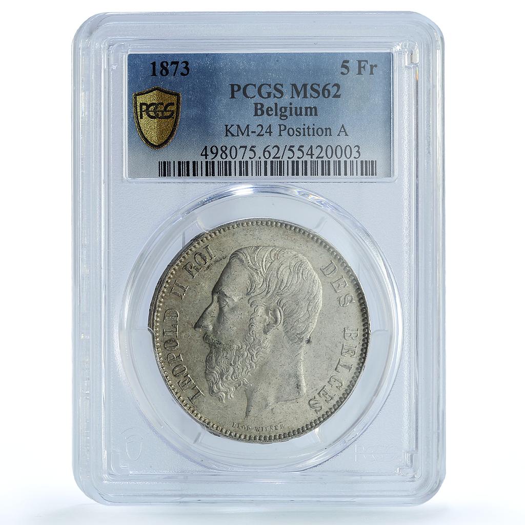 Belgium 5 francs King Leopold II Position A KM-24 MS62 PCGS silver coin 1873