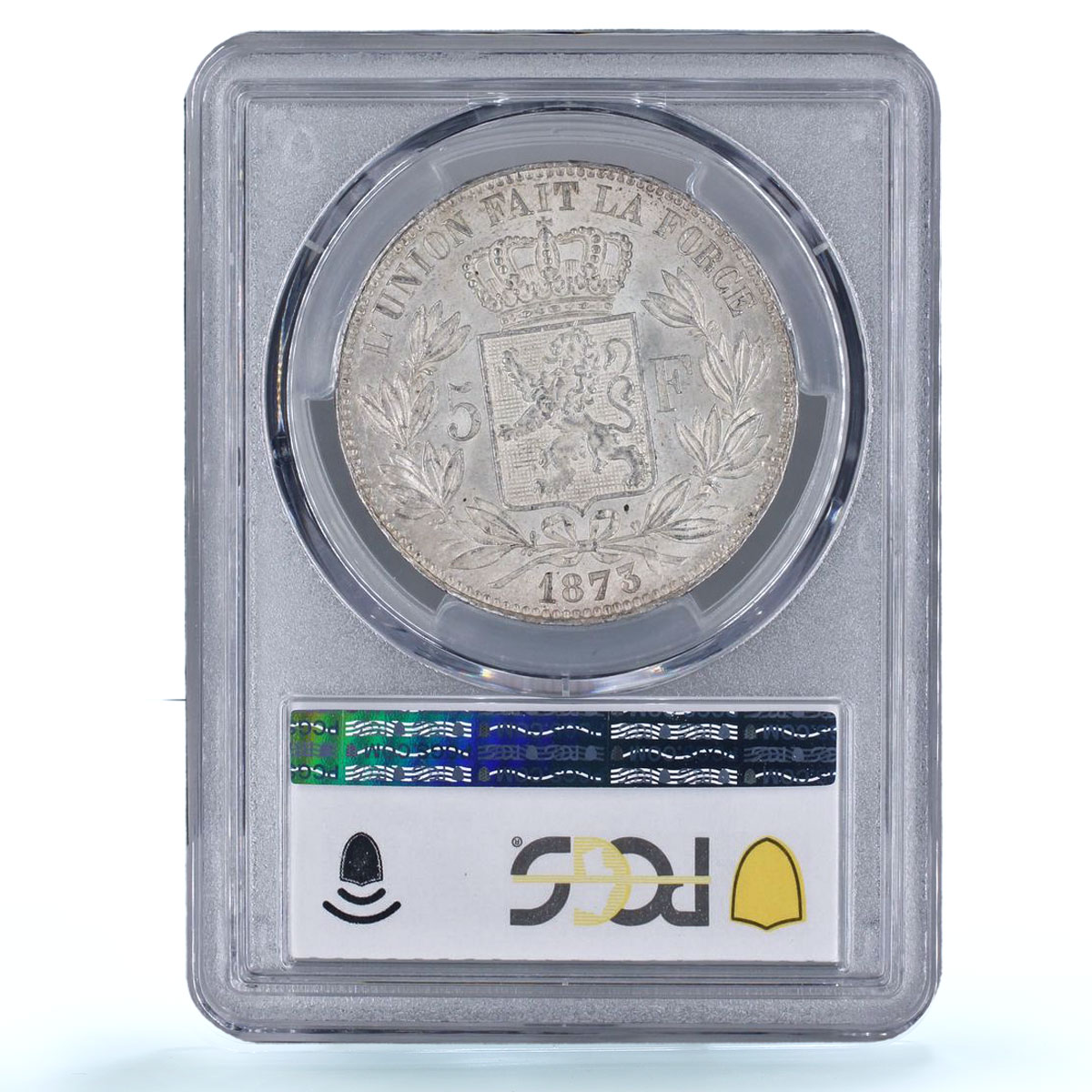 Belgium 5 francs King Leopold II Position A KM-24 MS62 PCGS silver coin 1873