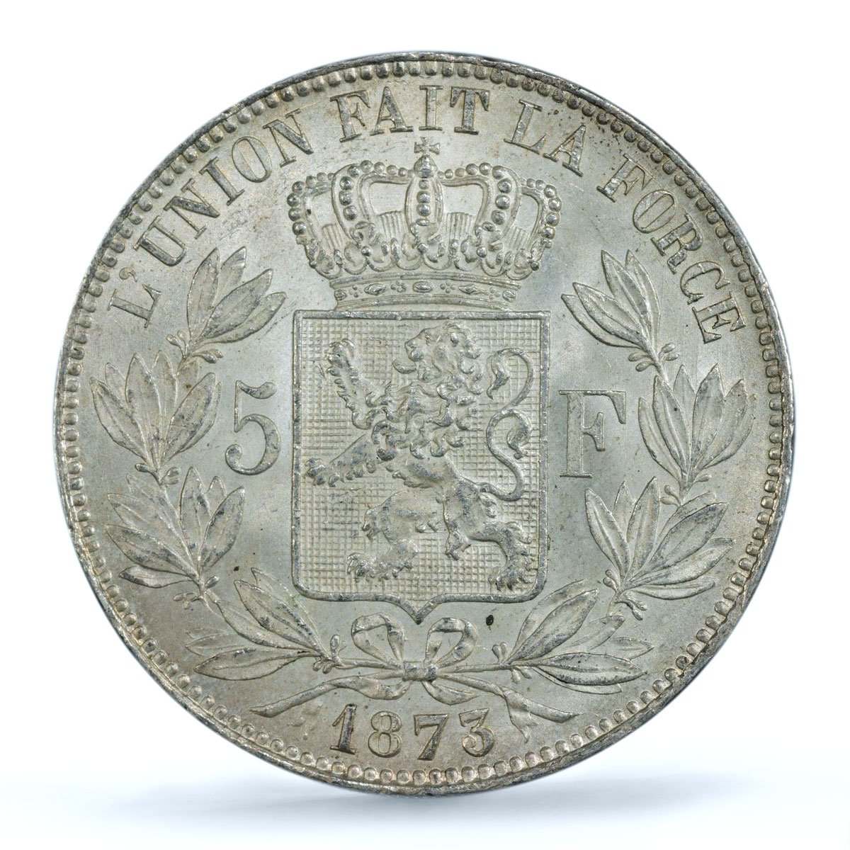Belgium 5 francs King Leopold II Position A KM-24 MS62 PCGS silver coin 1873