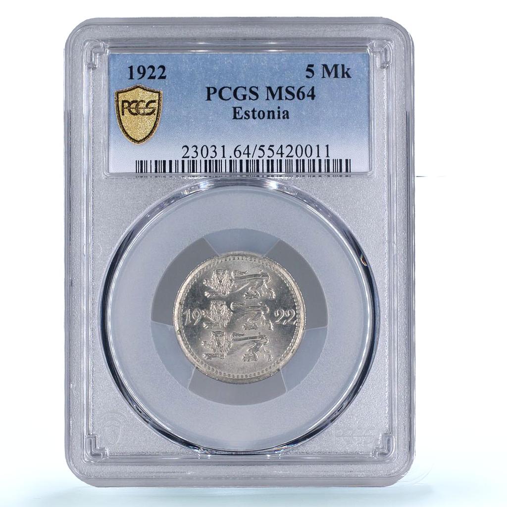 Estonia 5 marka Republic Coinage Three Lions KM-3 MS64 PCGS CuNi coin 1922
