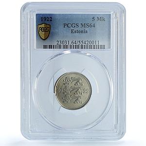 Estonia 5 marka Republic Coinage Three Lions KM-3 MS64 PCGS CuNi coin 1922