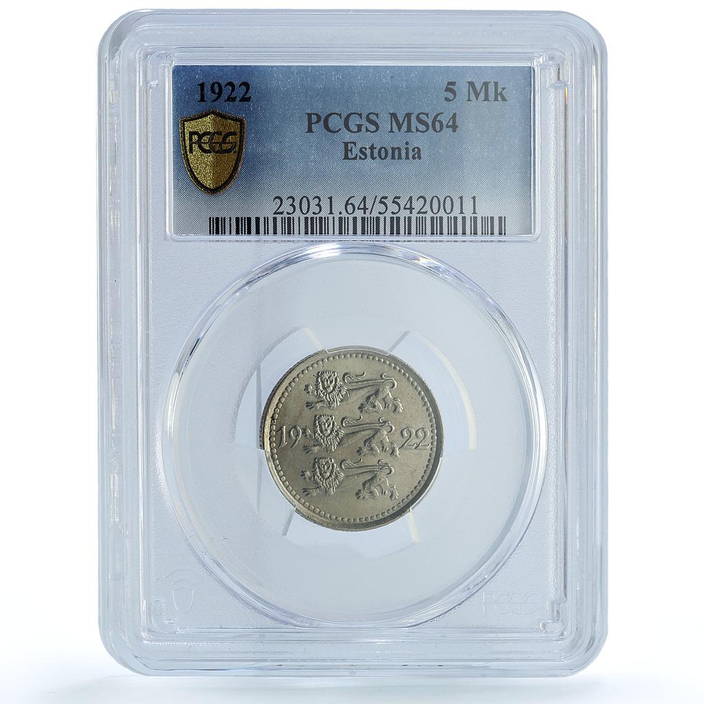 Estonia 5 marka Republic Coinage Three Lions KM-3 MS64 PCGS CuNi coin 1922