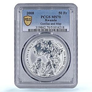 Rwanda 50 francs Gorilla African Ounce Wildlife Fauna MS70 PCGS silver coin 2008