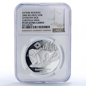 Belarus 20 roubles Chervony Bor Mink Nature Reserves Fauna PF69 NGC Ag coin 2006