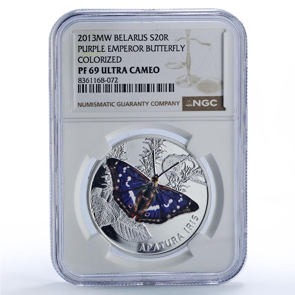Belarus 20 roubles Purple Emperor Butterfly Fauna PF69 NGC silver coin 2013