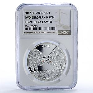Belarus 20 roubles Two Bisons Bulls Wildlife Fauna PF69 NGC silver coin 2012