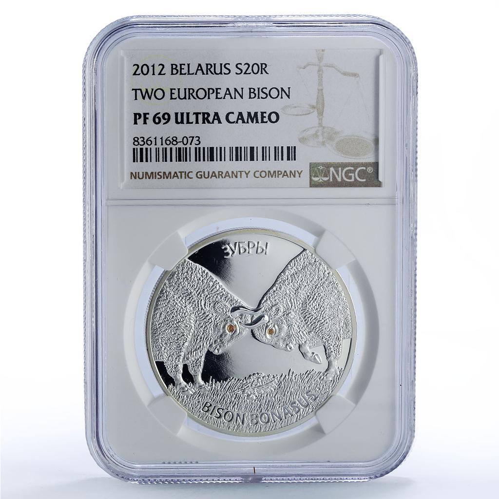 Belarus 20 roubles Two Bisons Bulls Wildlife Fauna PF69 NGC silver coin 2012