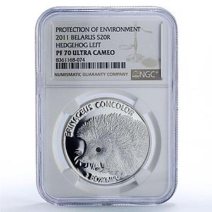 Belarus 20 roubles Hedgehog Protection Wildlife Fauna PF70 NCG silver coin 2011