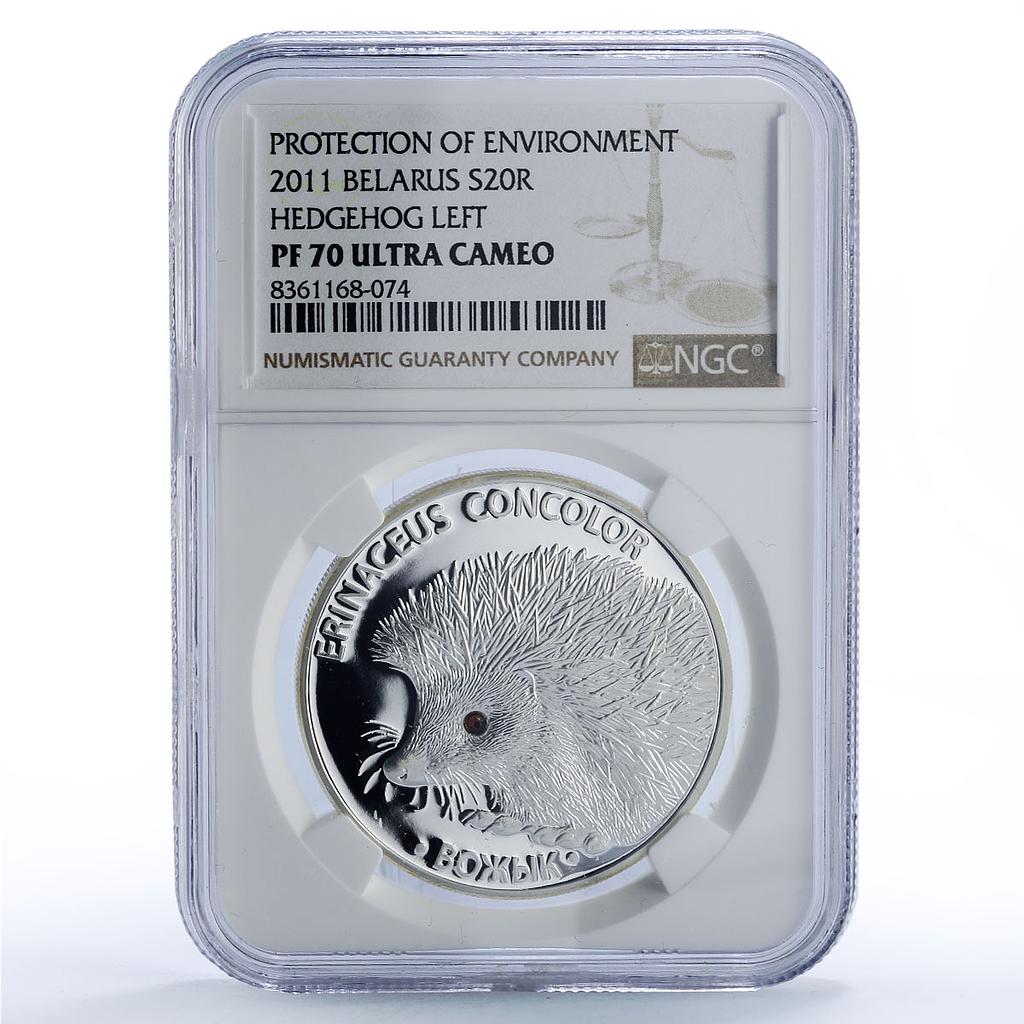 Belarus 20 roubles Hedgehog Protection Wildlife Fauna PF70 NCG silver coin 2011