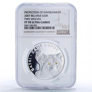 Belarus 20 roubles Wolves Protection Wildlife Fauna PF70 NGC silver coin 2007