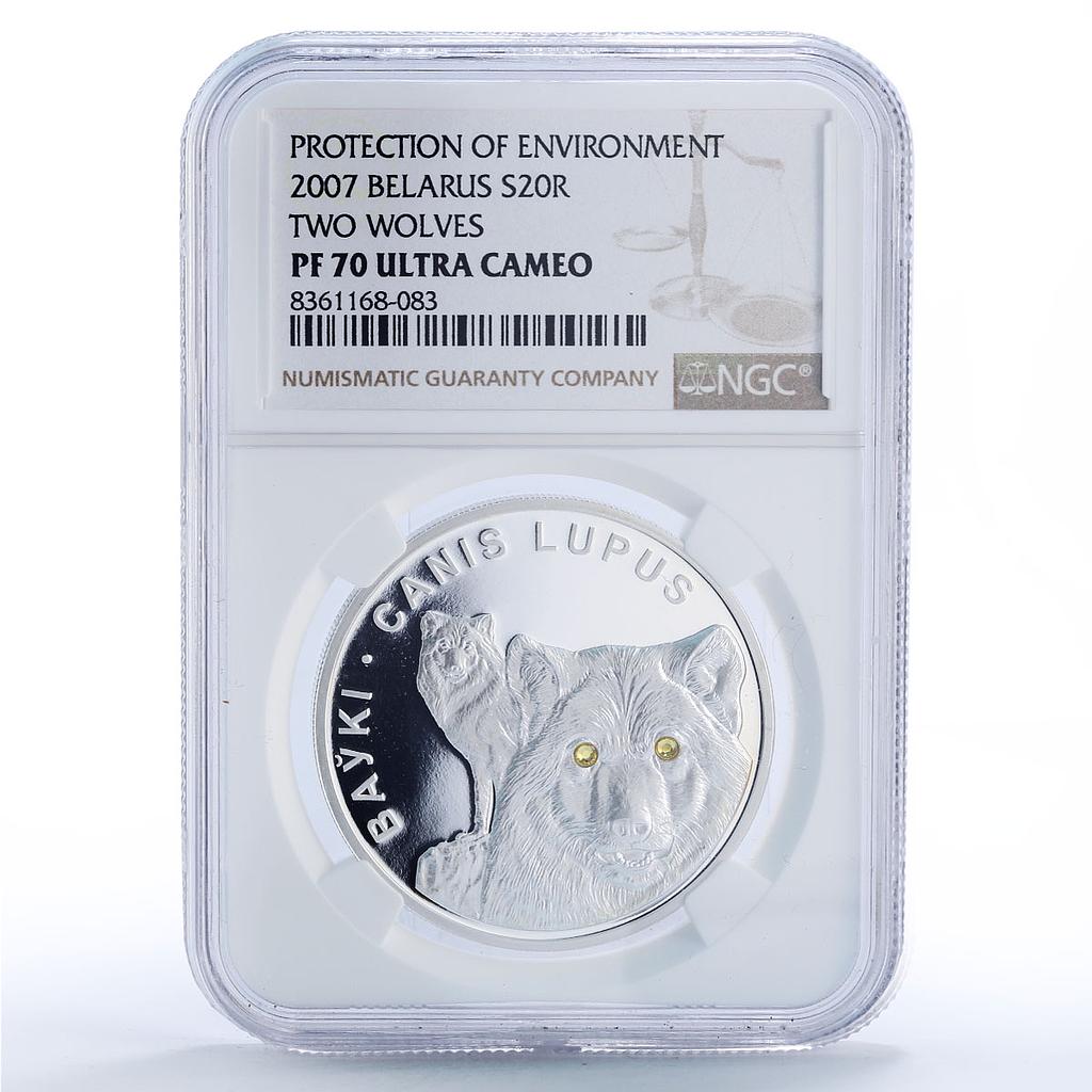 Belarus 20 roubles Wolves Protection Wildlife Fauna PF70 NGC silver coin 2007