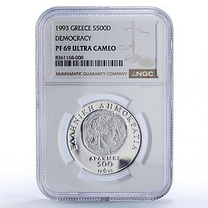 Greece 500 drachmes Democracy Anniversary Seated Zeus PF 69 NGC silver coin 1993