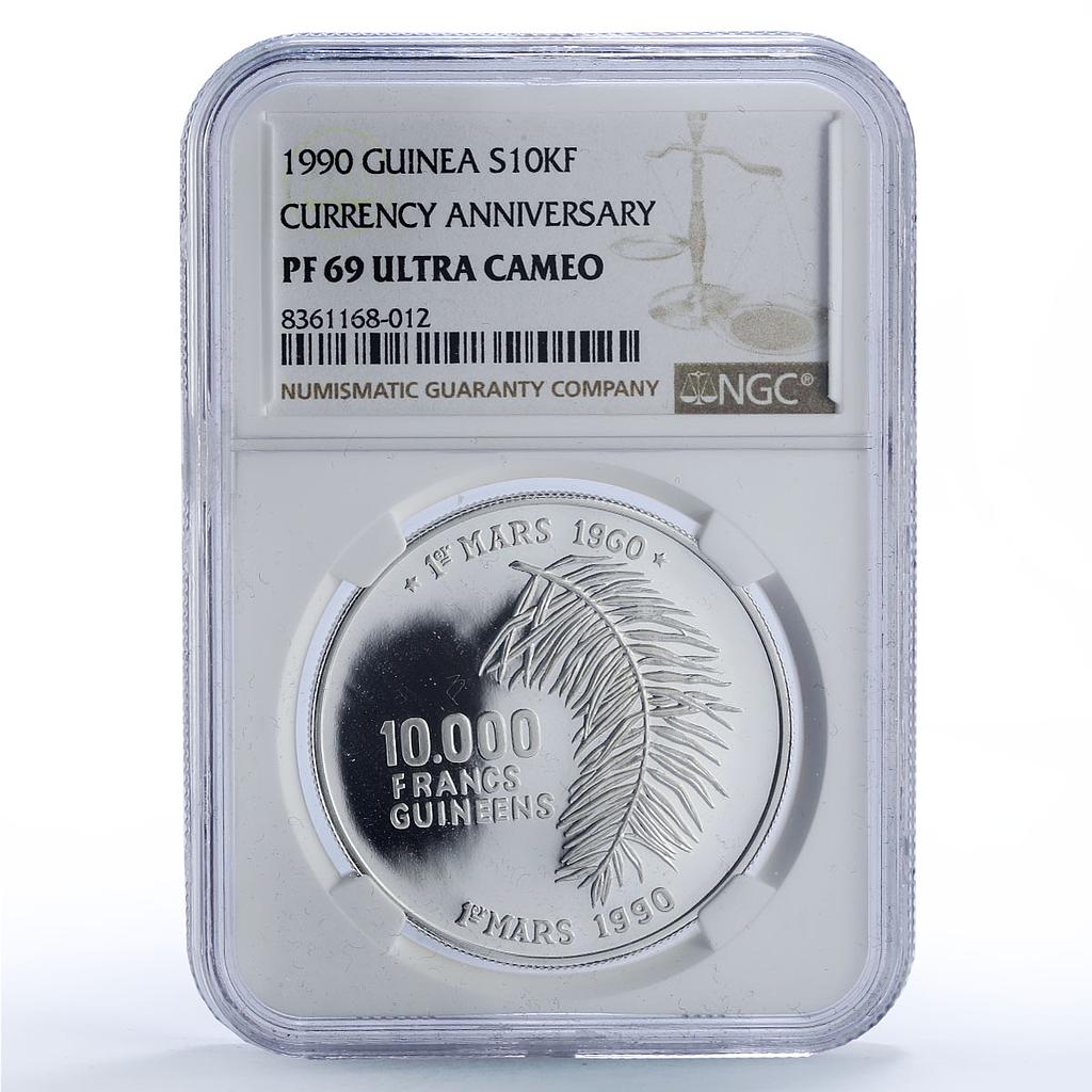 Guinea 10000 francs Currency Anniversary History PF69 NGC silver coin 1990