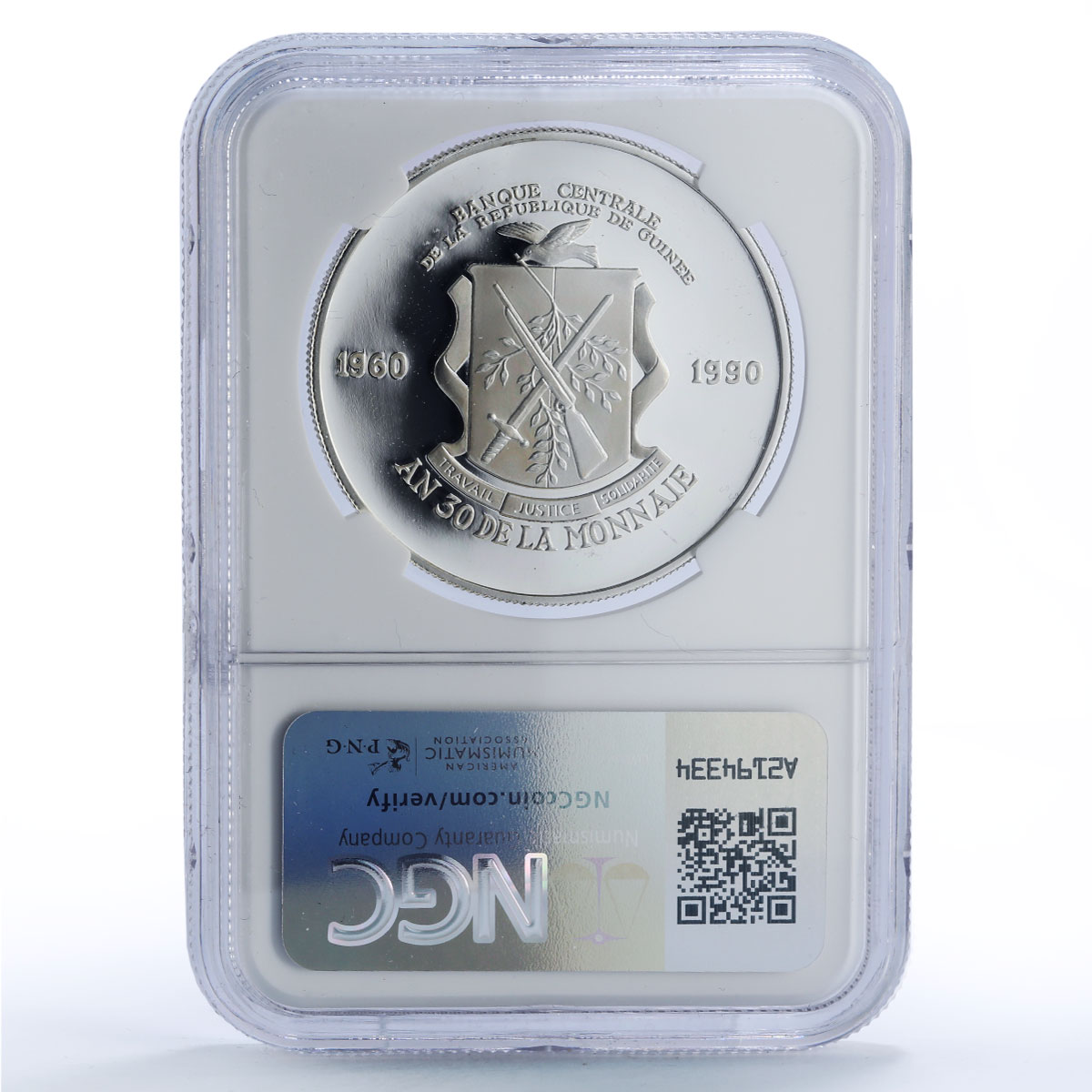 Guinea 10000 francs Currency Anniversary History PF69 NGC silver coin 1990