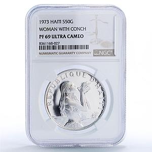Haiti 50 gourdes Woman on the Beach Fineness Left PF69 NGC silver coin 1973