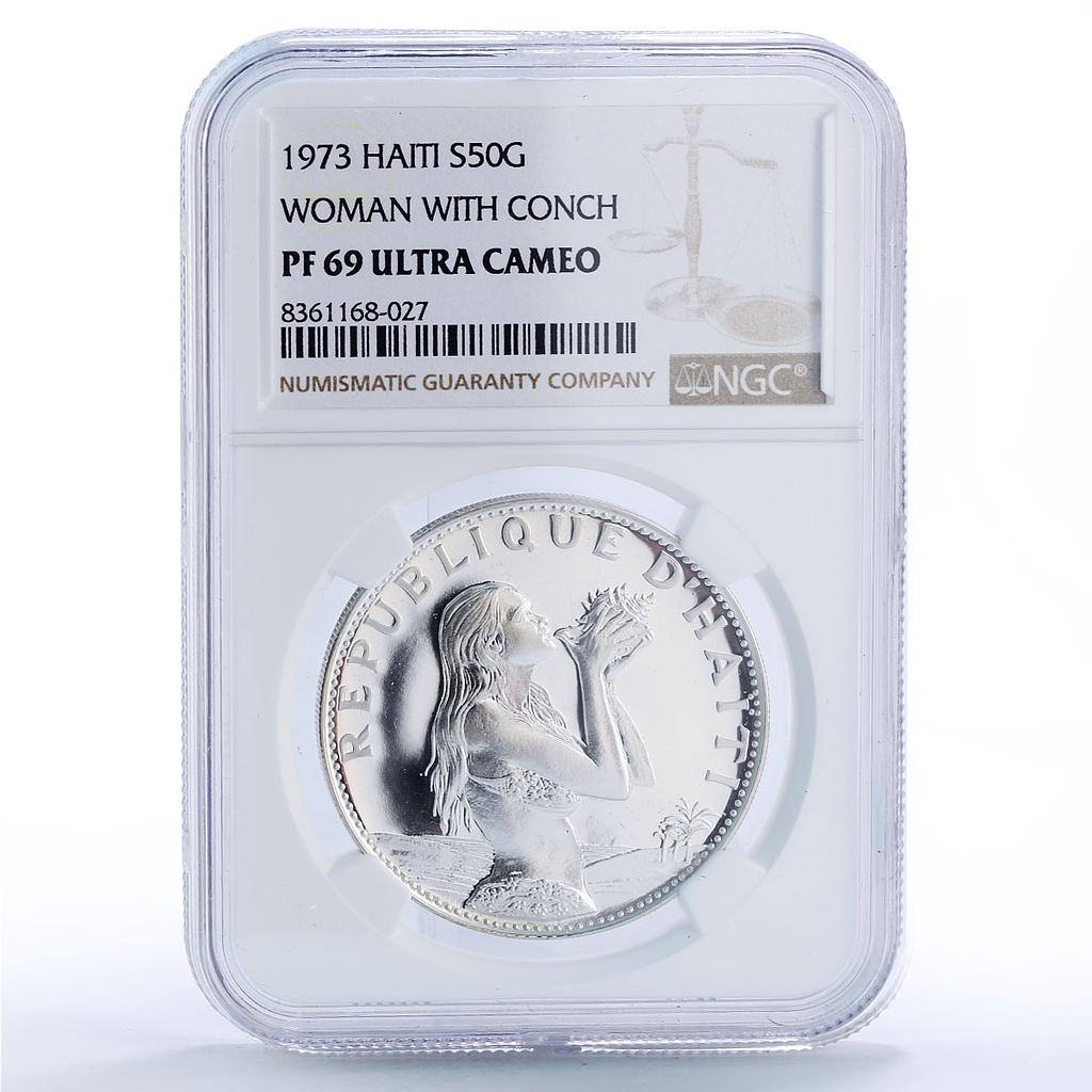 Haiti 50 gourdes Woman on the Beach Fineness Left PF69 NGC silver coin 1973
