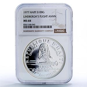 Haiti 100 gourdes Lindbergh Flight Plane Aviation MS68 NGC silver coin 1977