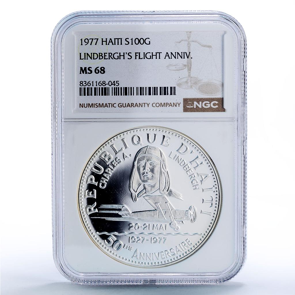 Haiti 100 gourdes Lindbergh Flight Plane Aviation MS68 NGC silver coin 1977
