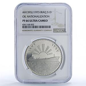 Iraq 1 dinar Oil Nationalization Tanker Ship History PF66 NGC silver coin 1973