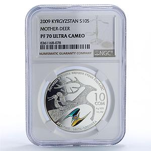 Kyrgyzstan 10 som Mother Deer EurAsEC Legends Tales PF70 NGC silver coin 2009