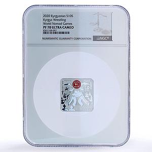 Kyrgyzstan 10 som Kurosh Wrestling Nomad Games Sports PF70 NGC silver coin 2020