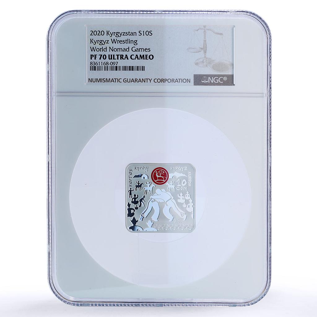 Kyrgyzstan 10 som Kurosh Wrestling Nomad Games Sports PF70 NGC silver coin 2020