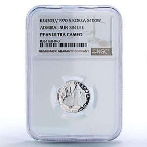 Korea South 100 won Admiral Sun Sin Lee Ship History PF65 NGC silver coin 1970
