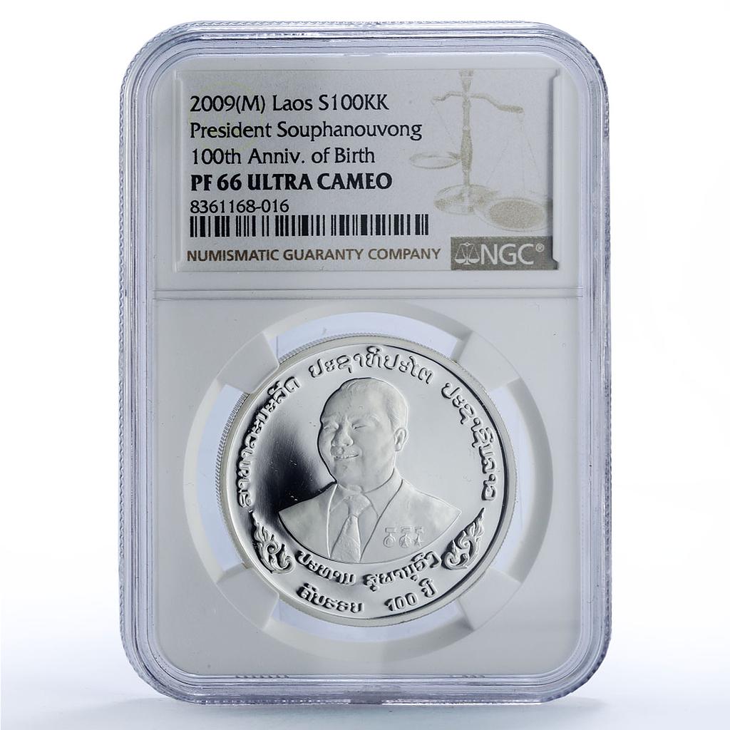 Laos 100000 kip President Souphanouvong Birth Politics PF66 NGC silver coin 2009