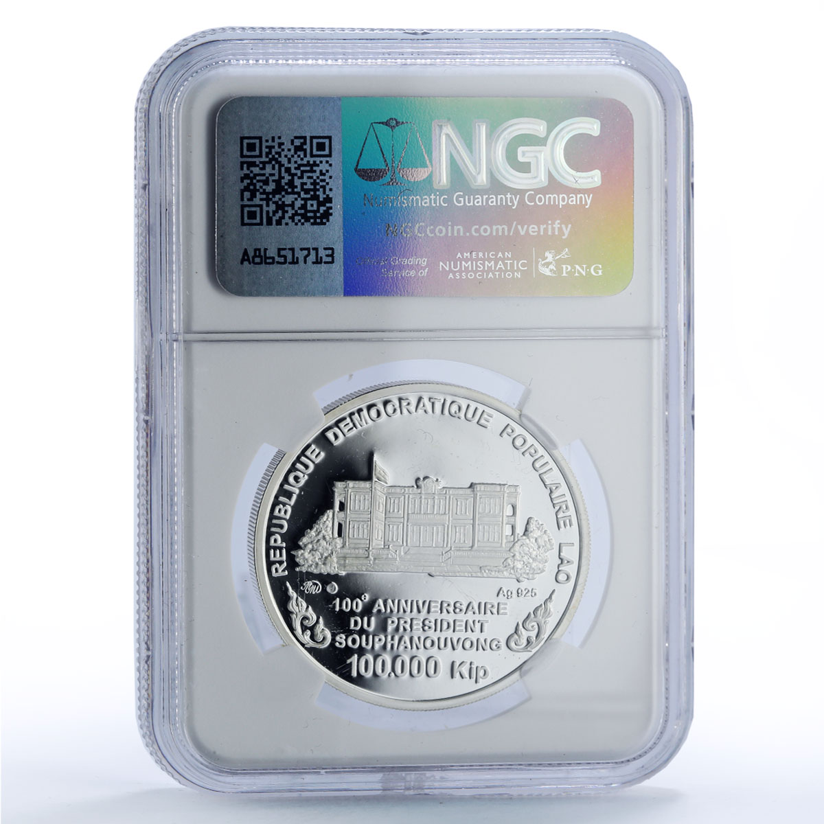 Laos 100000 kip President Souphanouvong Birth Politics PF66 NGC silver coin 2009