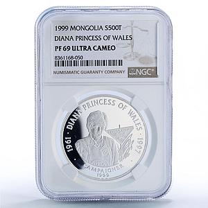 Mongolia 500 togrog Princess Diana History Politics PF69 NCG silver coin 1999