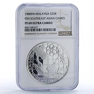 Malaysia 25 ringgit 9th SE Asian Games Map Sports PF69 NGC silver coin 1980