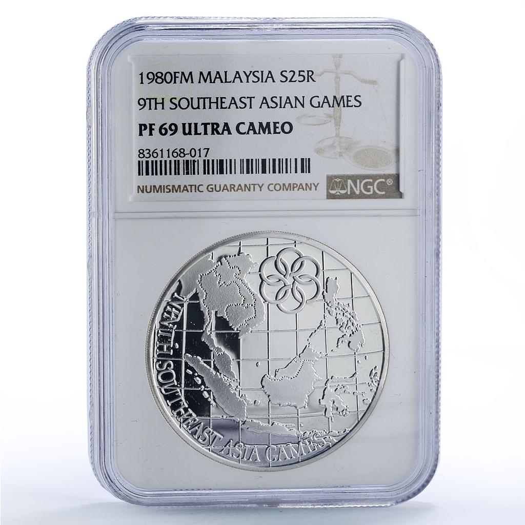 Malaysia 25 ringgit 9th SE Asian Games Map Sports PF69 NGC silver coin 1980