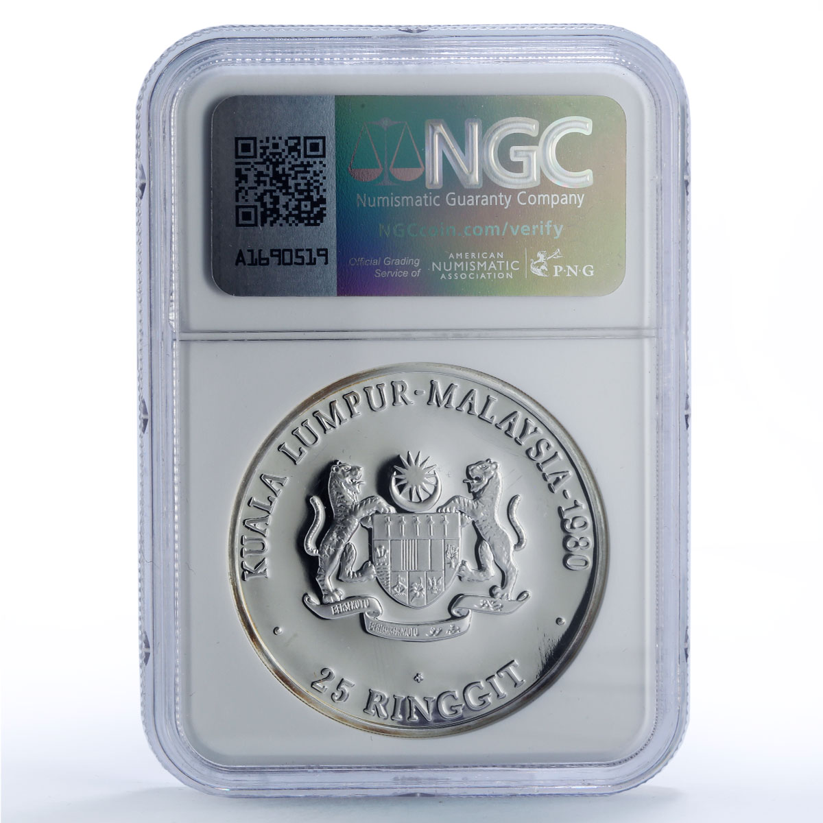 Malaysia 25 ringgit 9th SE Asian Games Map Sports PF69 NGC silver coin 1980
